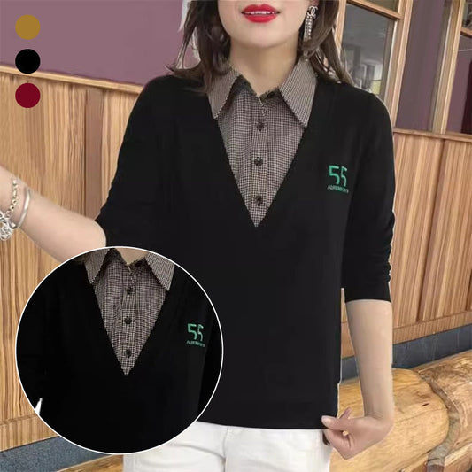 🔥✨HOT SALE 499🔥🎅Best Gift For Her - Fashion Black And White Plaid Collar Fake Two Pieces Long Sleeve T-Shirt(50%OFF)