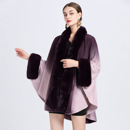 Gradient Color Faux Rabbit Fur Collar Shawl Cape